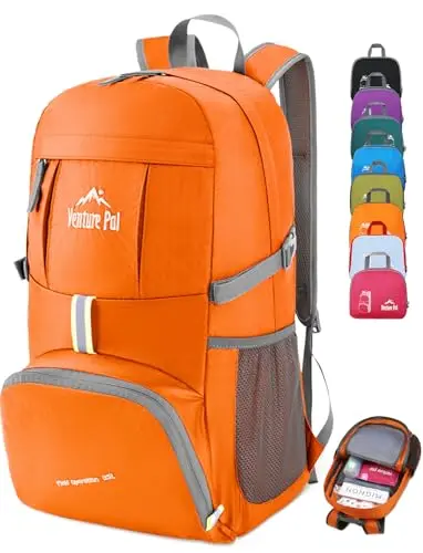 Venture Pal 35L lightweight backpack showing its multiple compartments and folded size.