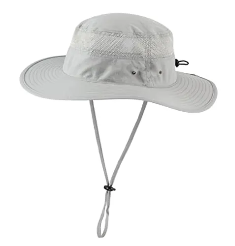HOME PREFER grey bucket hat with mesh crown and adjustable toggle on the chin cord.