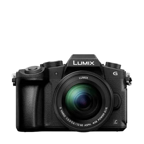 Panasonic LUMIX G85 black mirrorless camera with lens, featuring 5-axis image stabilization
