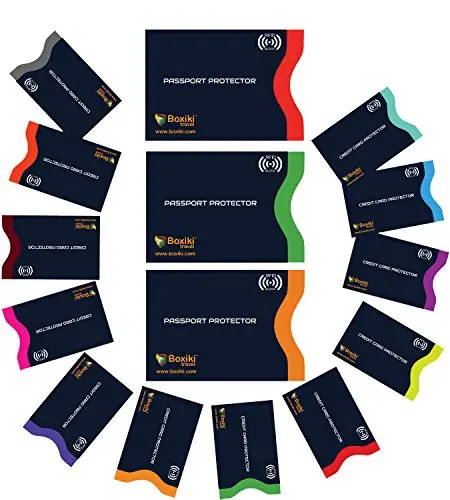 Boxiki Travel RFID blocking sleeves in a set of 12 assorted colors in a navy blue package.