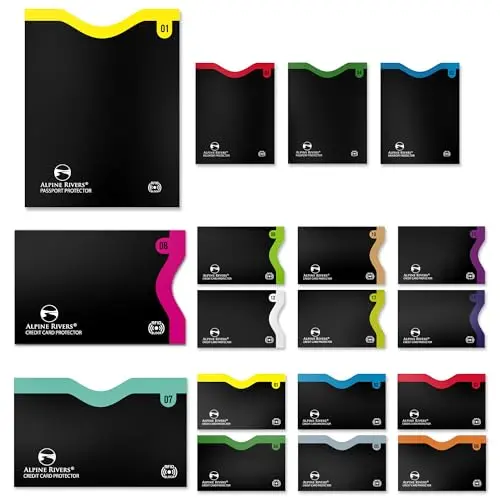 Alpine Rivers RFID blocking sleeves set showing color-coded edges for credit cards and passport protectors.