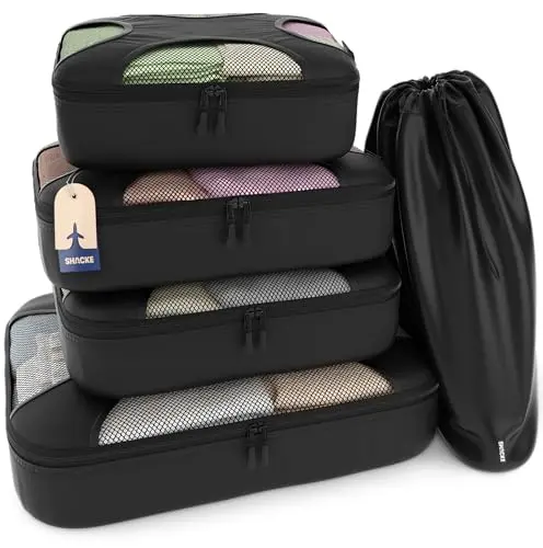 Shacke Premium 5-piece set of black packing cubes with mesh panels and a laundry bag