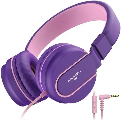 AILIHEN on-ear wired kids headphones with volume limiter in pink and purple