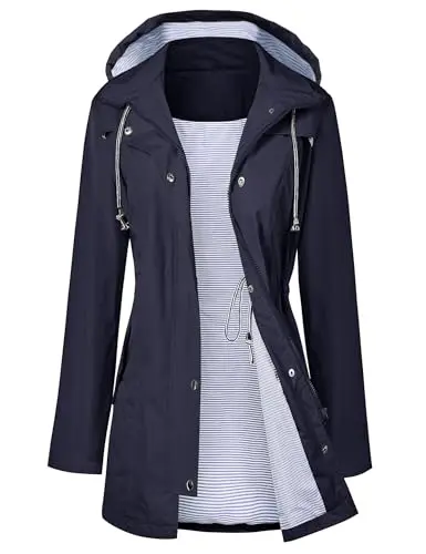 Women's navy blue trench-style rain jacket with a striped lining visible at the hood