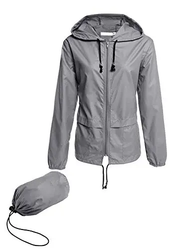 Avoogue grey packable rain jacket with a hood, shown rolled up