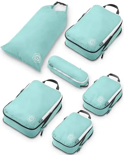 TRIPPED Travel Gear dusty teal and white compression packing cubes set of six