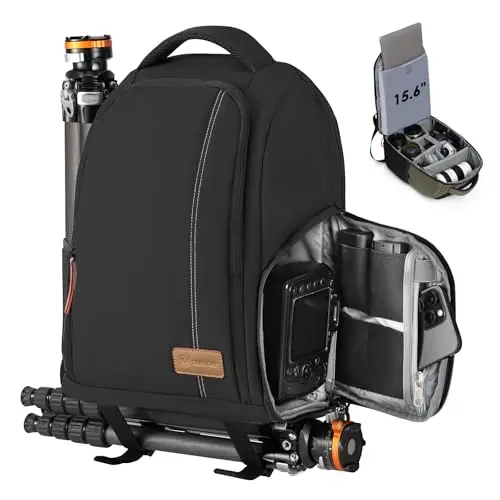 TARION lightweight 15L camera backpack, shown with a tripod attached and rain cover.