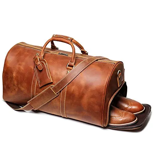 Leathfocus retro brown leather travel duffel bag with padded tablet pocket