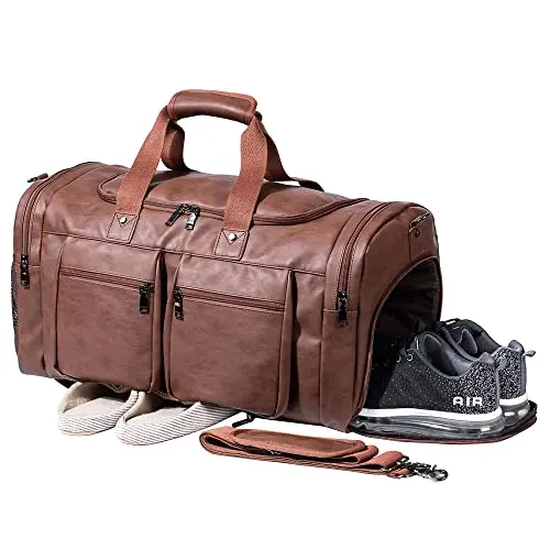 Seyfocnia waterproof PU leather travel duffel bag with separate shoe compartment