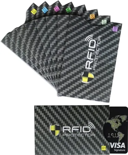 Garfoniex set of 8 black RFID blocking sleeves with subtle colored exterior patterns.