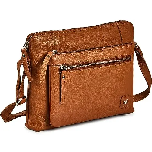 Wise Owl small cognac brown leather crossbody bag with multiple front zippers.