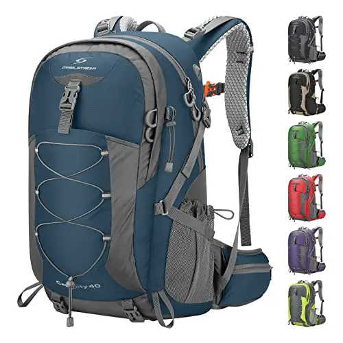 Maelstrom 40L blue hiking backpack with multiple pockets and included rain cover