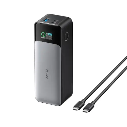 Anker 737 power bank with a digital display showing charging stats