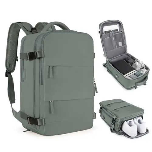 Travel backpack with separate shoe compartment and USB port