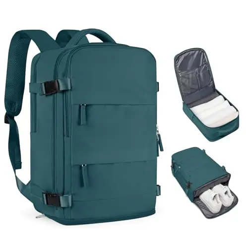 Generic black travel backpack with highlighted shoe compartment