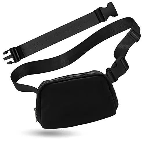 Titosha small black fanny pack with a separate long extender strap laid out.