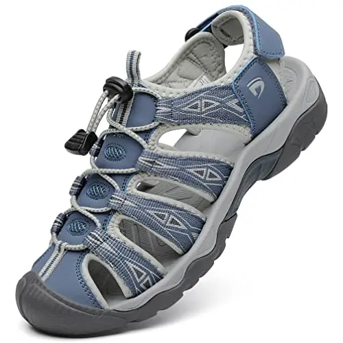 Dannto Women's closed-toe hiking sandals with adjustable bungee laces and a sturdy rubber sole.