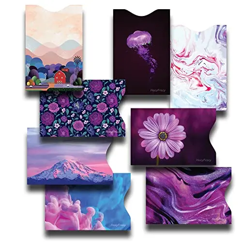 PokCat LLC RFID blocking sleeves with unique purple artistic designs like mountains, jellyfish, and flowers.
