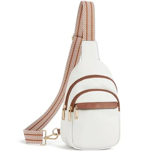BOSTANTEN small leather sling bag in beige, worn crossbody, highlighting its minimalist design.