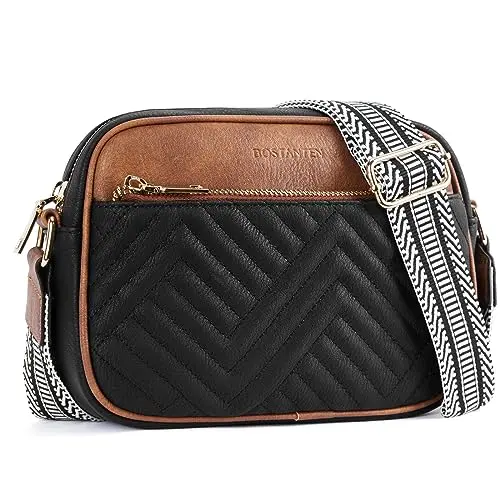 BOSTANTEN small quilted crossbody bag in black with a patterned brown and white wide strap.