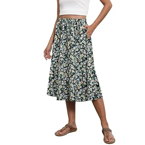Witsmile Women's Casual Midi Skirt with a black and green floral print and pleats.