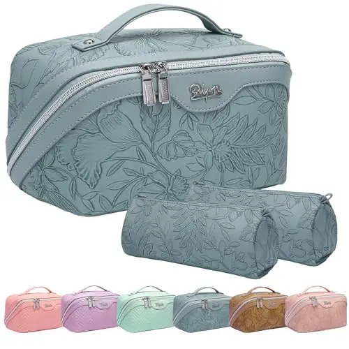 BOYATU set of three light blue makeup bags, one large and two small pouches