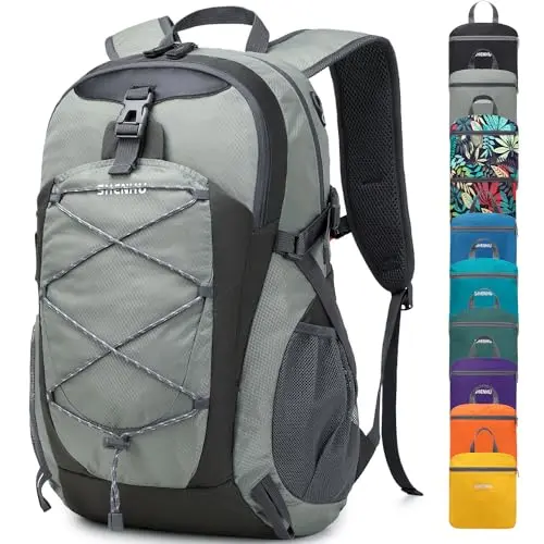 Black SHENHU foldable 40-liter hiking backpack with multiple zippered pockets.