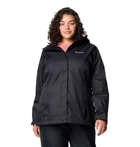 Columbia Women's Arcadia II rain jacket in black, showing its sleek, adjustable design.