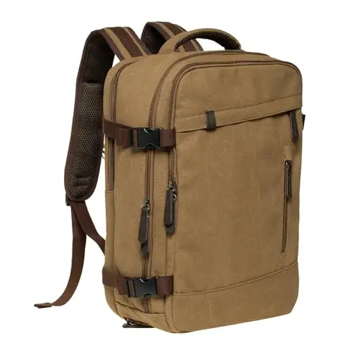 KAUKKO khaki canvas backpack with a separate shoe compartment open
