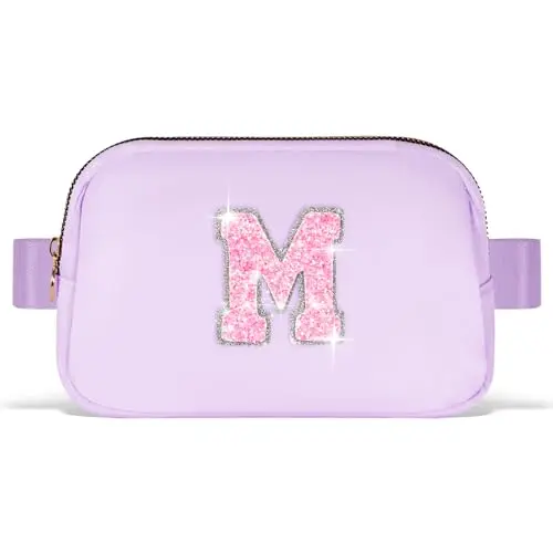 Lavender personalized belt bag with a large embroidered letter 'M' on the front.