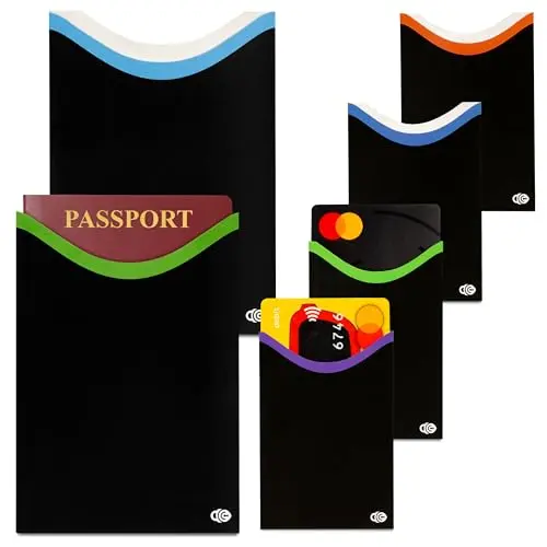 RFID Secure blocking sleeves set showing short side-loading credit card sleeves and larger passport protectors.