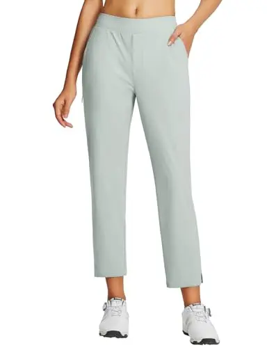 baleaf Women's Petite Stretch Golf Pants in grey, showing a slim ankle length and multiple pockets.