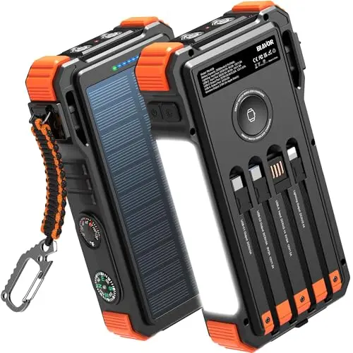 BLAVOR orange solar charger with built-in cables and a carabiner