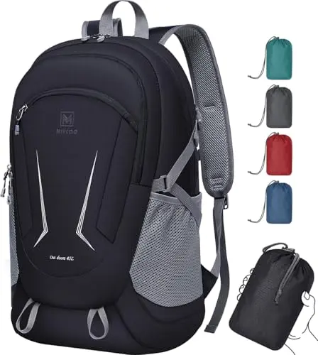 MIYCOO 45L large black foldable backpack showing its wet compartment and multiple sections.