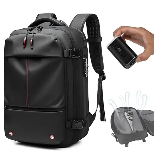 Vacpack Expandable Backpack with a manual pump, shown in compressed and expanded states.