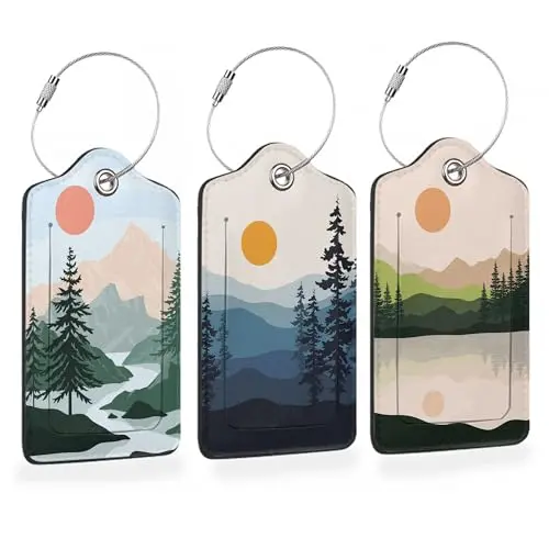 Oeaskly three-pack of PU leather luggage tags with a mountain and tree sunset landscape pattern.