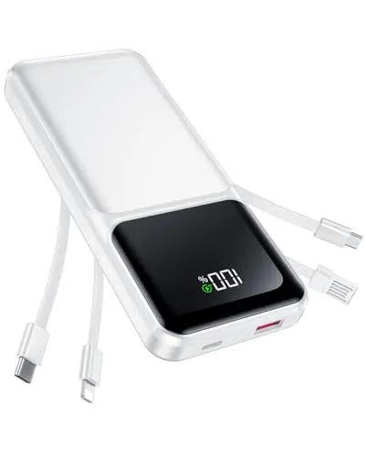 RONEGN 20000mAh portable charger with built-in cables showing digital display