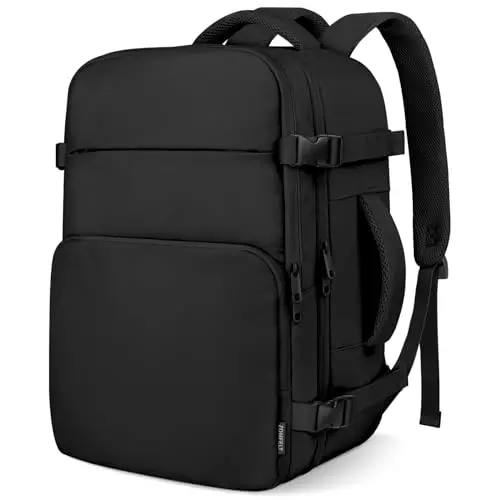 ZOMFELT black travel backpack being carried as a handbag and backpack