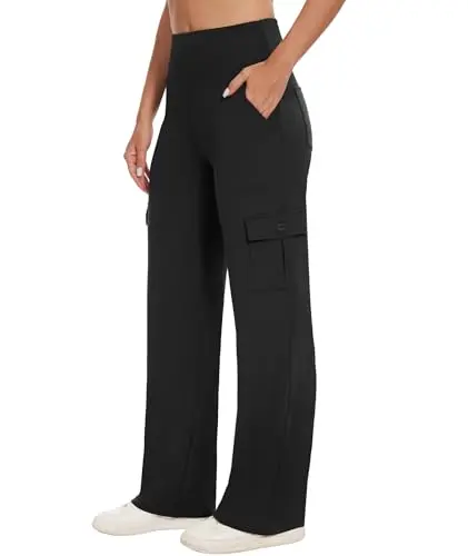 LXP women's black high-waist wide-leg yoga pants with cargo pockets, shown in a casual, versatile setting.