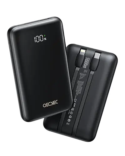 Qecvec 10000mAh portable charger with built-in Type-C and Lightning cables