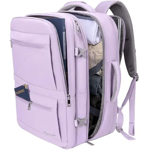 BALEINE lavender expandable travel backpack with a waist strap in a park