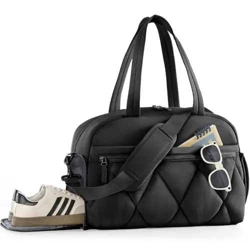 Lekespring black puffer duffle tote bag with a shoe compartment on the side.
