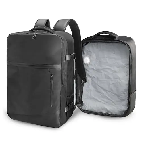 SUOCO black travel backpack with a separate vacuum storage bag