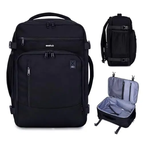 ECOHUB 17 inch small black travel backpack, highlighting its AirTag pocket and sleek profile.