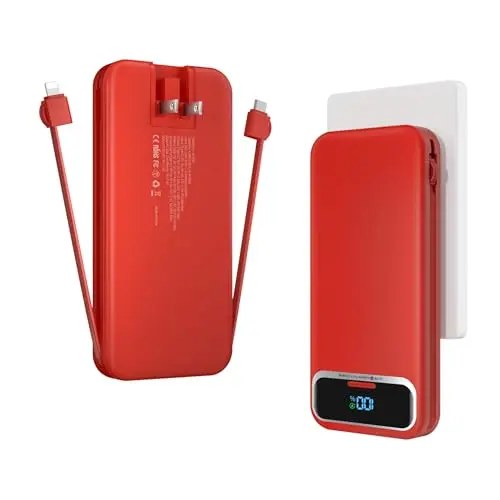 Aonidi red portable charger with flip-out AC wall plug and built-in cables