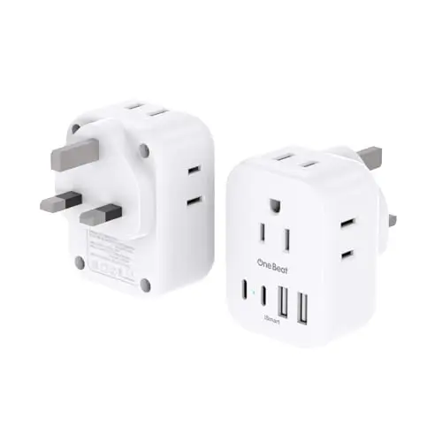 One Beat white Type G travel adapter with PD fast charging and multiple ports
