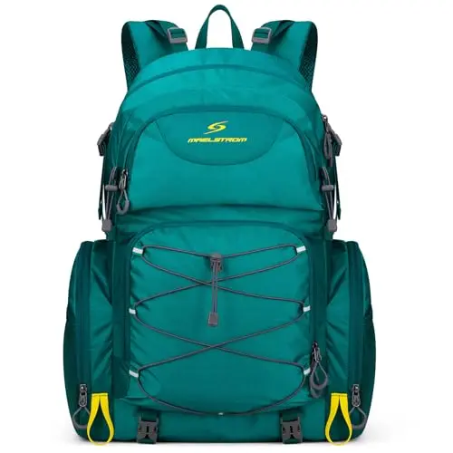 Green Maelstrom 40-liter hiking backpack with multiple compartments and a rain cover.