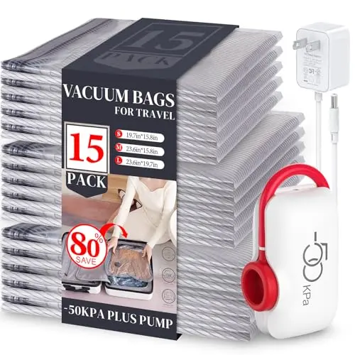 VMstr red and white travel vacuum storage bags with a DC electric pump