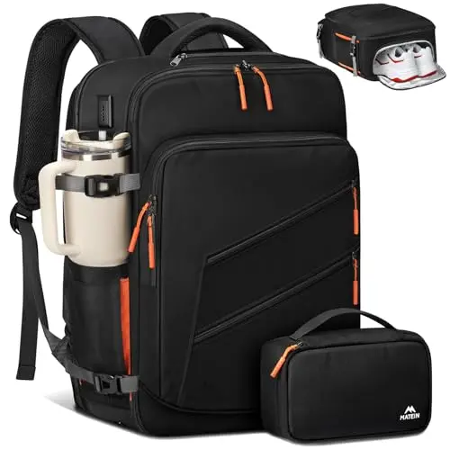 MATEIN black personal item backpack showing detachable shoe bag and electronics case.