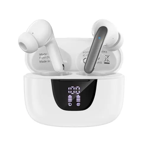 HOOTEK S42 white wireless earbuds with LED display charging case